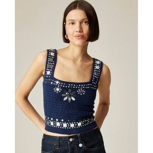 J. Crew Women  Navy Embellished Crochet Crop Tank Size L NWT